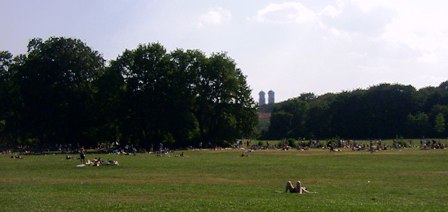 English Garden in Munich with Towers of Frauenkirche in the Background